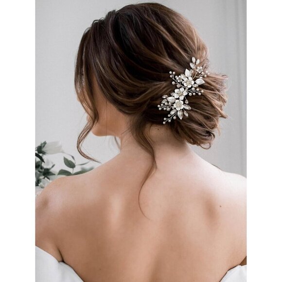 ?Women Silver Handmade with Crystals Pearls and Leaves Hair Comb Accessories main image 8